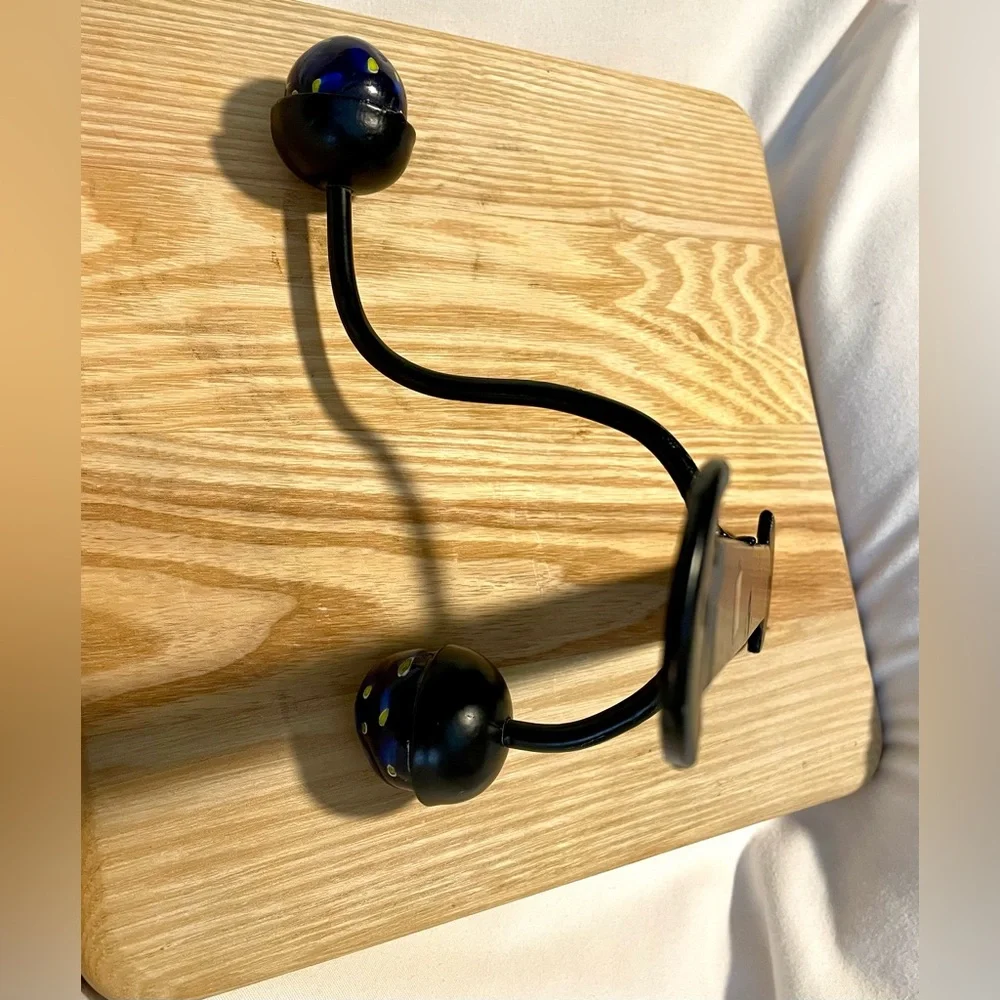 *EUC* Unique Cast Iron Double Wall Hook - (2) Cobalt Blue/Yellow Ceramic Balls